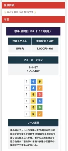 10月21日取手10Rの無料予想で3連単6点と各1,000円の推奨購入額を示した画面
