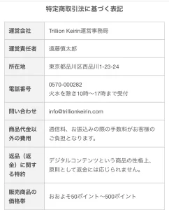 トリリオン競輪の運営事務局、責任者、所在地、連絡先、返金条件を記載した特商法表記